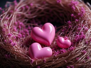 Three pink shiny hearts in bird's nest of dry branches and small pink flowers