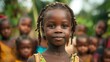 children of guinea, A young girl with braided hair smiles gently with a group of children blurred in the background, evoking a sense of innocence and community. 