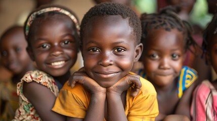 Wall Mural - children of guinea, A cheerful child with a bright smile poses with hands on chin while other children smile in the background, all exuding happiness and friendship. 