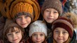 © Vivid Canvas - children of latvia, A heartwarming image capturing a group of smiling children wearing cozy winter hats in an outdoor setting, exuding joy and togetherness.