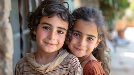 children of kuwait, Two young children smile gently as they pose together for a portrait, exuding a sense of charm and innocence. 