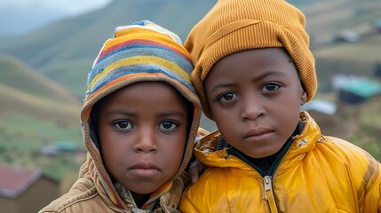 children of lesotho, Two young children in warm clothing with a scenic mountain background look earnestly at the camera. 