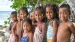 children of marshall islands, A group of happy children with diverse expressions standing in a row by the beachside under green foliage with a clear sky in the background. 