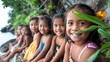 children of micronesia federated states of, A group of cheerful children sitting by the seaside with one girl in focus smiling at the camera with a green leaf and yellow flower in her hair 