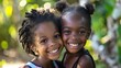 children of saint kitts and nevis, Two joyful young girls with beautiful smiles embracing in a natural outdoor setting, radiating happiness and friendship. 