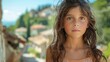 children of san marino, A young girl with expressive eyes and curly hair standing in an outdoor setting with a blurred background of a quaint village. 