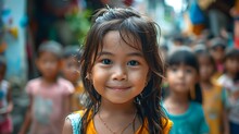 Children Of Thailand, A Young Girl With A Captivating Smile Stands In Focus With Other Blurred Children In The Background On A Bustling Street Scene. 
