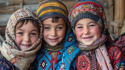 Children of Uzbekistan. Three smiling children in colorful traditional attire posing for the camera. 