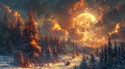 Wall Mural - Magic and Happy New Year 2024, concept. Night forest with snow field