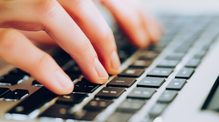 Poster - A detailed view of someones hands typing on a keyboard with focus on the keys and fingers
