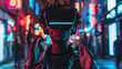 A man is immersed in virtual reality while standing on a bustling city street, wearing a VR headset. Pedestrians pass by, unaware of his digital experience