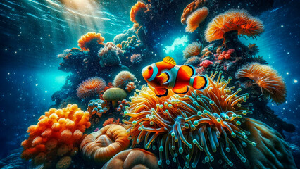 beautiful Clownfish nestled within the protective embrace of their host anemone