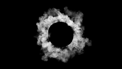 Poster - Сlouds of smoke from center black background. Realistic 3d render simulation. Magic energy burst animation. White gas motion texture.