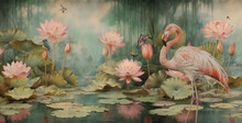 Watercolor Wallpaper Pattern Landscape Of Lotus Flower With Kingfisher With Nature Background -1
