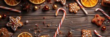 Christmas Background With Gingerbread Cookies, Candy Canes And Dried Orange Slices On A Wooden Table. Top View, Professional Photography, Banner Image For Website, Background