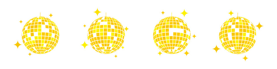 Set of gold discoball icons. Golden disco party mirrorballs in retro 70s 80s 90s retro discotheque style. Shining night club globes. Nightlife, holiday or fun symbols. Vector flat illustration