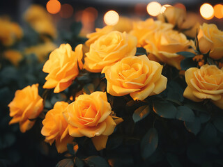 Poster - Soft evening light highlights yellow roses in garden setting