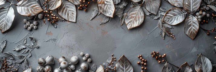 Wall Mural - silver leaves and berries on a grey background with space for text, top view, flat lay photography, high resolution, high quality, Banner Image For Website, Background