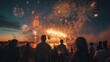 © TEERAPONG - 4th of July fireworks display over water with onlookers, holiday celebration, patriotic event, city skyline backdrop, dusk scenery, festive mood.