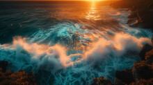 The Ocean Is Crashing Against The Rocks, Creating A Powerful And Dynamic Scene. AI.