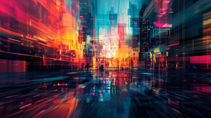 Aufkleber - Futuristic digital art depicting a cityscape with dynamic techno vibes and bright color overlays