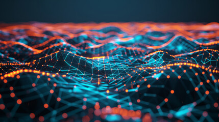 Aufkleber - Abstract futuristic digital network waves technology background with glowing blue and red connections, cyber visualization, and interconnected lines landscape concept