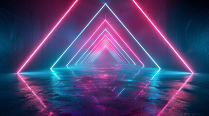 Poster - Abstract tech corridor with glowing neon triangle shapes and reflective floor