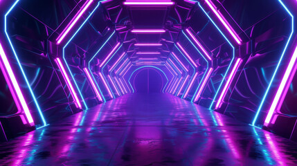 Aufkleber - Vibrant and futuristic neon tunnel with glowing purple, pink, and blue lights, illuminated architecture, and modern abstract digital art, creating a high-tech urban virtual reality pathway
