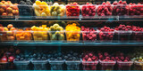 Fototapeta  - Shelves of assorted, vivid fruits and berries in a market, a visual celebration of fresh produce.