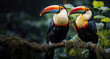 Colorful Toucans Perched on a Mossy Branch in the Jungle