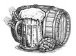 Beer in barrel and mug, sketch style. Hand drawn illustration for pub, brewery or restaurant menu