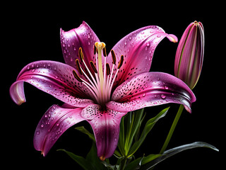 Wall Mural - Vibrant pink lily and purple carnation flowers isolated against black background