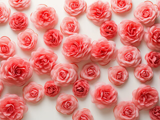 Wall Mural - Coral pink garden roses bloom elegantly against a white background in a top-down view
