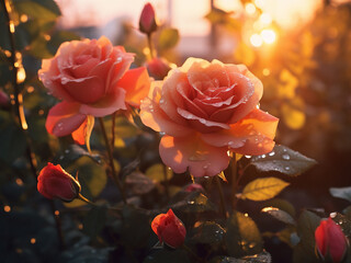 Wall Mural - Nature's beauty unfolds as roses blossom in the evening light