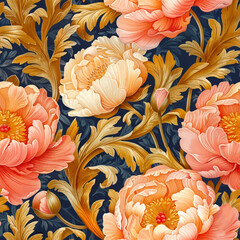 Wall Mural - Seamless vector pattern with blooming peonies. Chic vintage background.