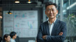 A Chinese leader stands in front of a whiteboard, encouraging and motivating team members.generative ai