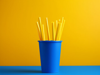 Canvas Print - Ready for festivities Blue cup, plastic straws, yellow background, text-friendly space