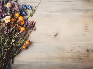 Canvas Print - Wildflowers arranged on a white table with vintage wood backdrop