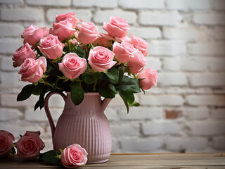 Canvas Print - Pink roses arranged in vintage enamel coffee pot against white brick wall