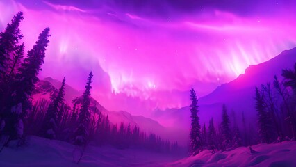 Wall Mural - northern lights above snow trees. winter landscape with mountains and forest. aurora borealis with s