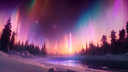 Wall Mural - northern lights above snow trees. winter landscape with mountains and forest. aurora borealis with s
