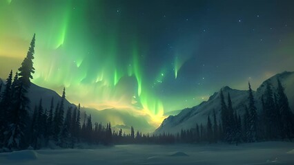 Wall Mural - northern lights above snow trees. winter landscape with mountains and forest. aurora borealis with s