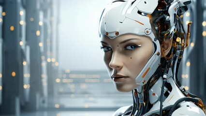 Poster - Connection of human woman and artificial intelligence robot. The concept of merging a person and a computer with neural networks in the future