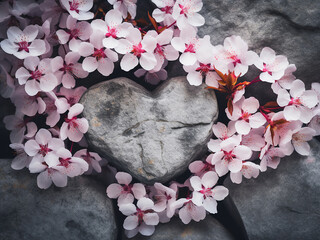 Wall Mural - Cherry blossoms arranged in a heart shape on a stone wall with retro filter effect