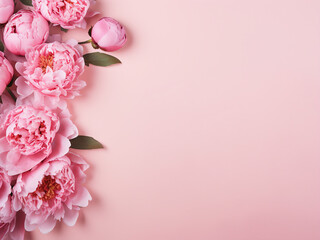 Poster - Top view flat lay displays peonies on a delicate pink background for cards