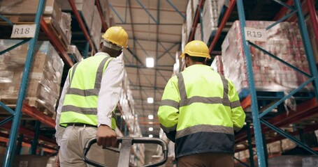 Poster - Inventory, teamwork and logistics with men in factory together for stock or supply chain distribution. Collaboration, delivery and trolley with people in warehouse for export shipping from back