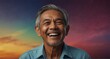 young indonesian elderly man on plain bright colorful background laughing hysterically looking at camera background banner template ad marketing concept from Generative AI