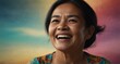 young indonesian elderly woman on plain bright colorful background laughing hysterically looking at camera background banner template ad marketing concept from Generative AI