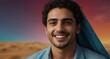young middle eastern man on plain bright colorful background laughing hysterically looking at camera background banner template ad marketing concept from Generative AI