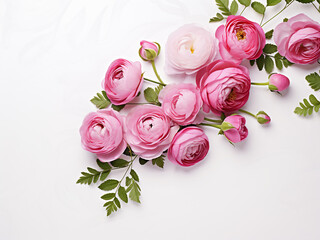 Wall Mural - Floral arrangement in a corner with pink English roses and ranunculus on a white table